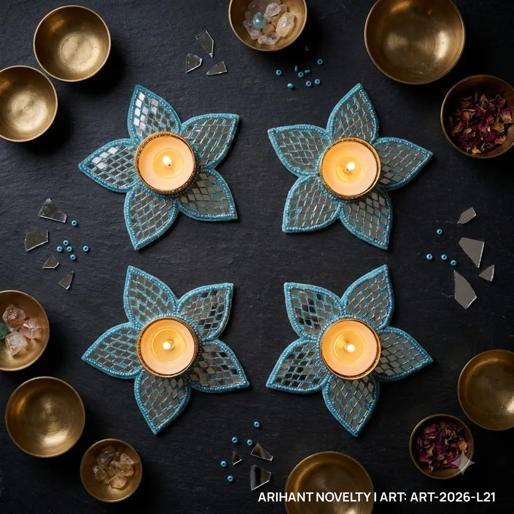 Sky Blue Mirror Flower Tea-Light Holder, Set of 4 – handmade Tea Light Holder rakhi from Bikaner by Arihant Novelty