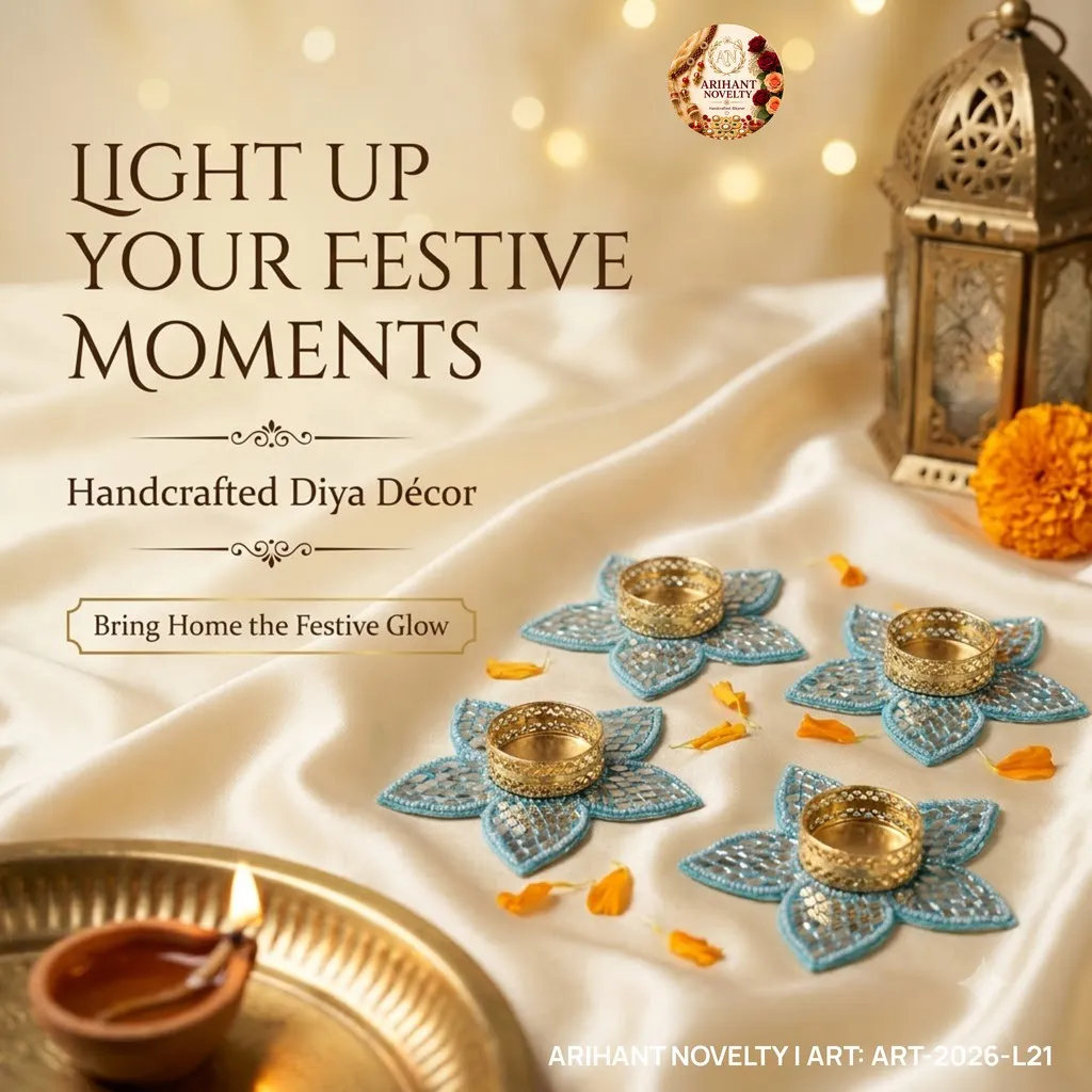 Sky Blue Mirror Flower Tea-Light Holder, Set of 4 – handmade Tea Light Holder rakhi from Bikaner by Arihant Novelty