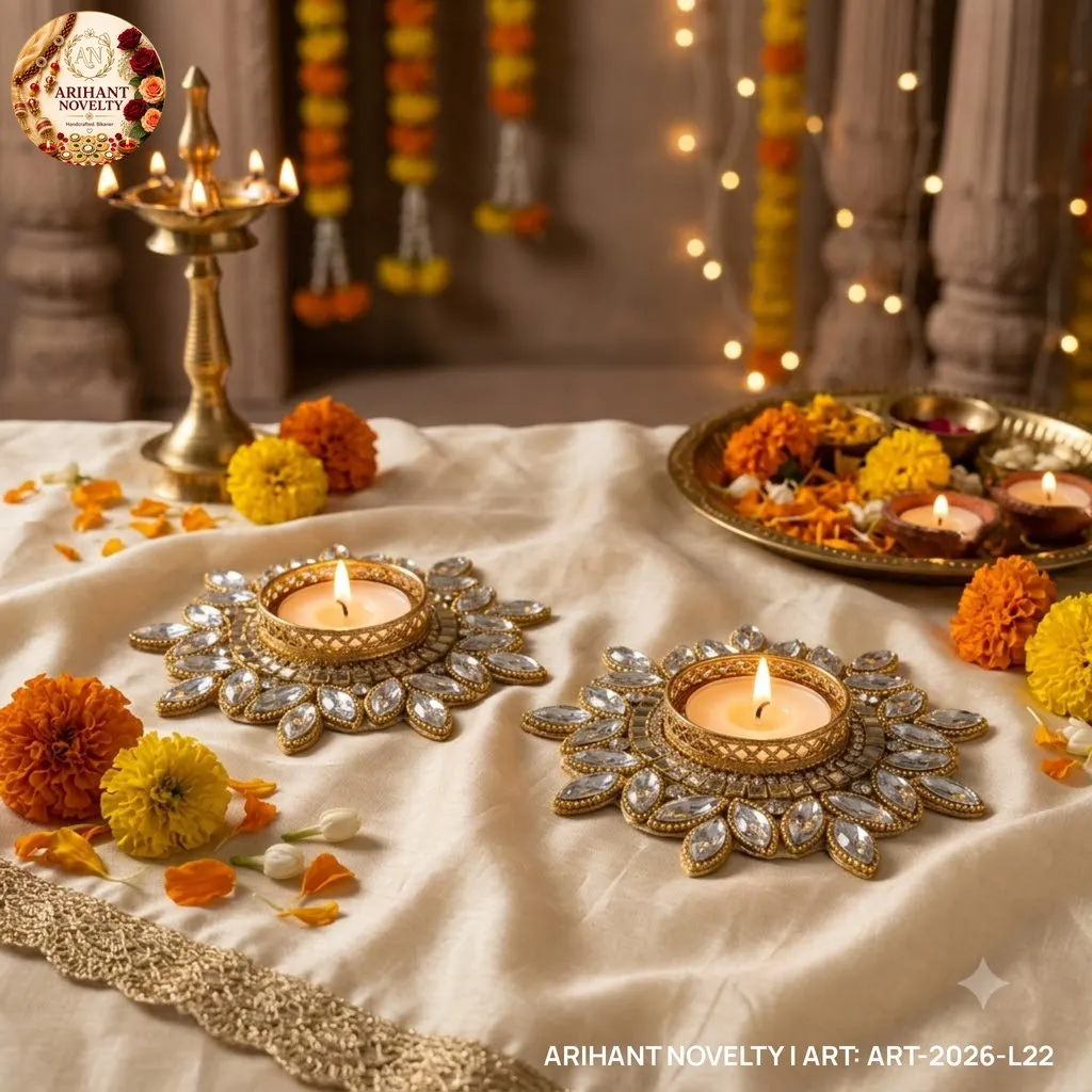 Silver Crystal Flower Tea-Light Holder Pair – handmade Tea Light Holder rakhi from Bikaner by Arihant Novelty