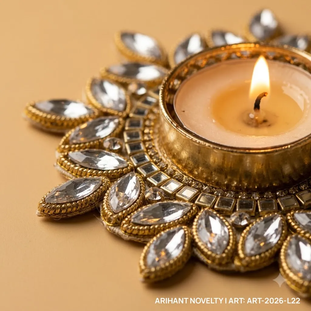 Silver Crystal Flower Tea-Light Holder Pair – handmade Tea Light Holder rakhi from Bikaner by Arihant Novelty