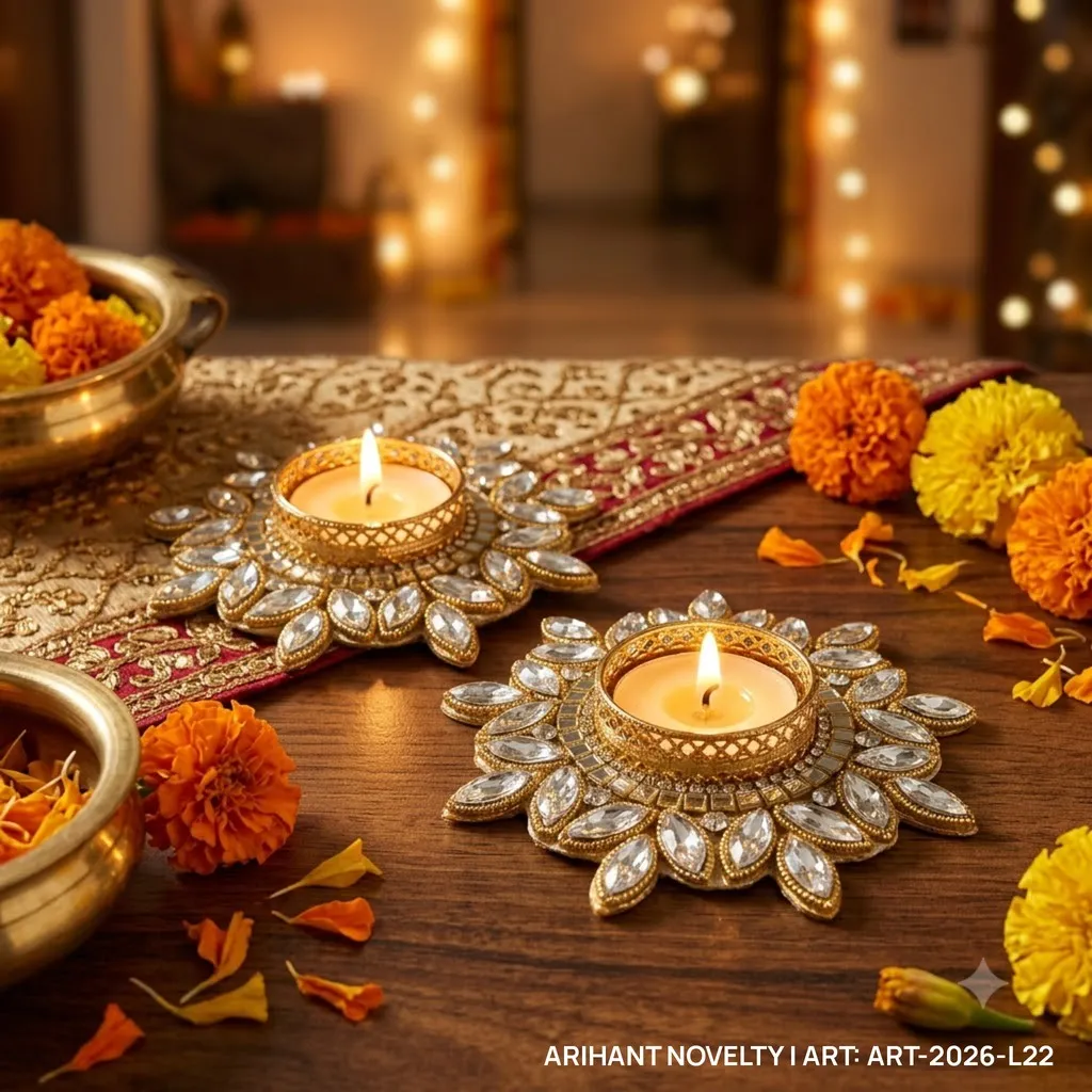 Silver Crystal Flower Tea-Light Holder Pair – handmade Tea Light Holder rakhi from Bikaner by Arihant Novelty