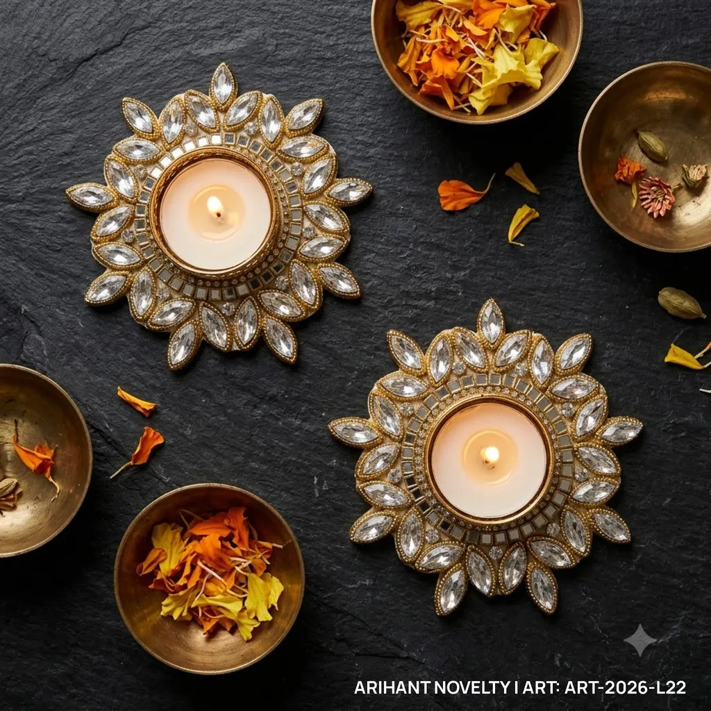 Silver Crystal Flower Tea-Light Holder Pair – handmade Tea Light Holder rakhi from Bikaner by Arihant Novelty