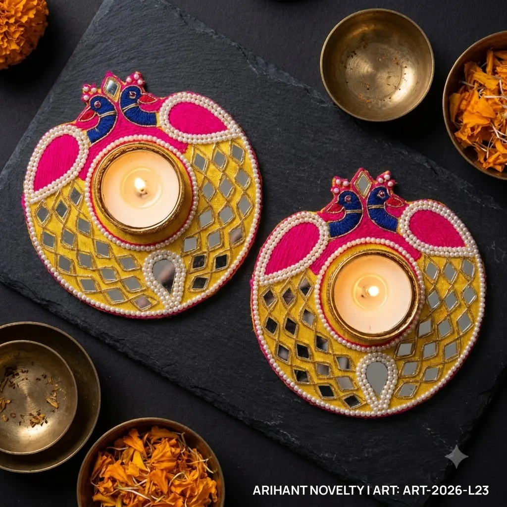 Peacock Mirror Tea-Light Holder Pair