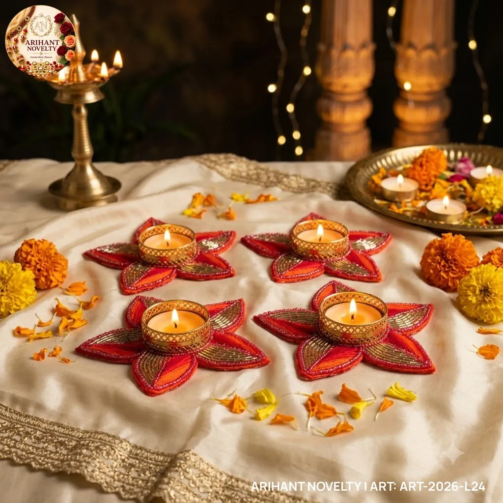 Red Zari Star Tea-Light Holder, Set of 4 – handmade Tea Light Holder rakhi from Bikaner by Arihant Novelty