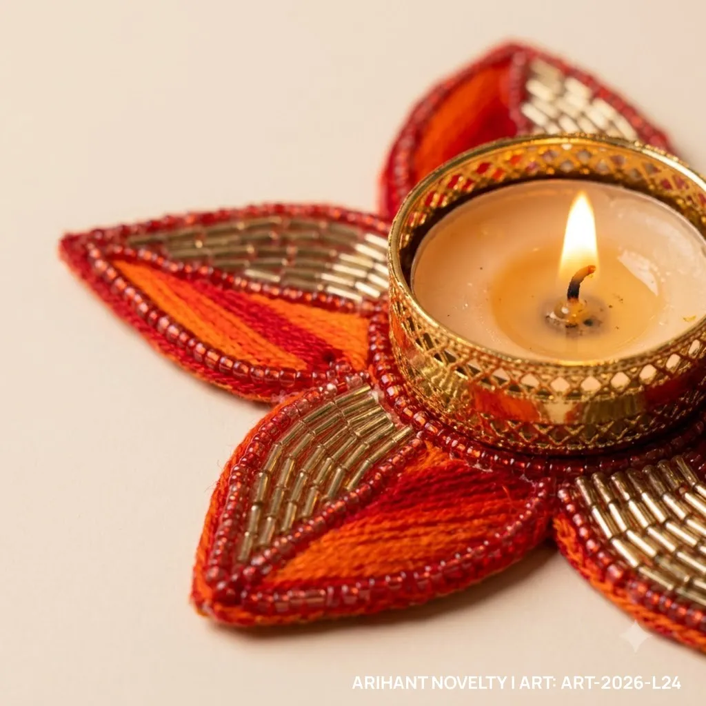 Red Zari Star Tea-Light Holder, Set of 4 – handmade Tea Light Holder rakhi from Bikaner by Arihant Novelty