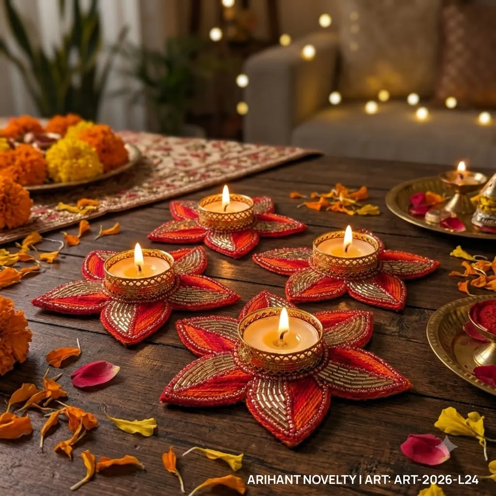 Red Zari Star Tea-Light Holder, Set of 4 – handmade Tea Light Holder rakhi from Bikaner by Arihant Novelty