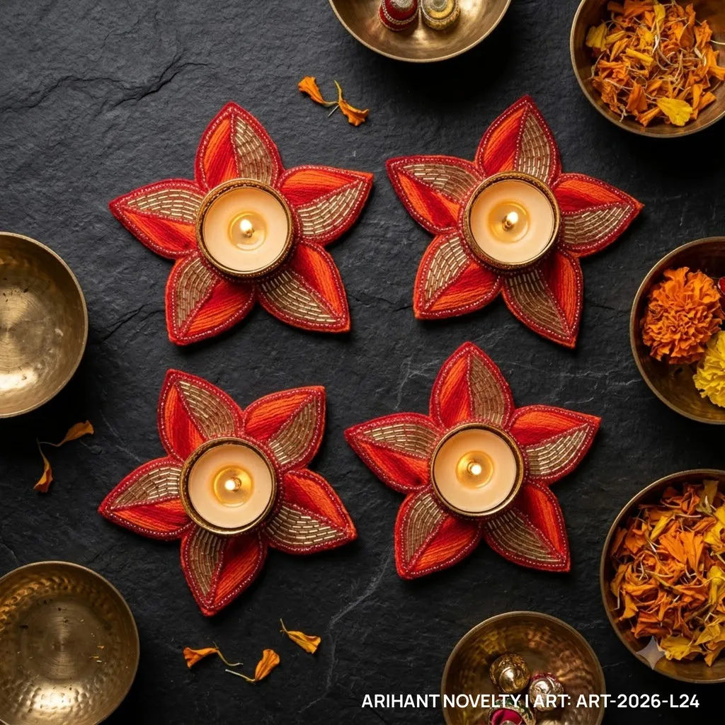 Red Zari Star Tea-Light Holder, Set of 4 – handmade Tea Light Holder rakhi from Bikaner by Arihant Novelty