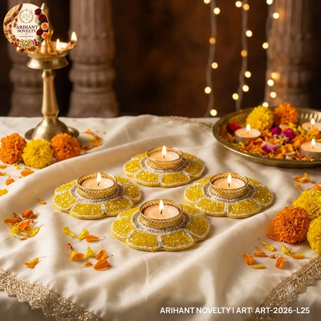 Yellow Beaded Petal Tea-Light Holder, Set of 4 – handmade Tea Light Holder rakhi from Bikaner by Arihant Novelty