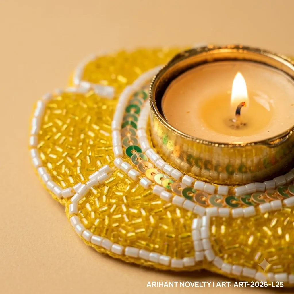 Yellow Beaded Petal Tea-Light Holder, Set of 4 – handmade Tea Light Holder rakhi from Bikaner by Arihant Novelty