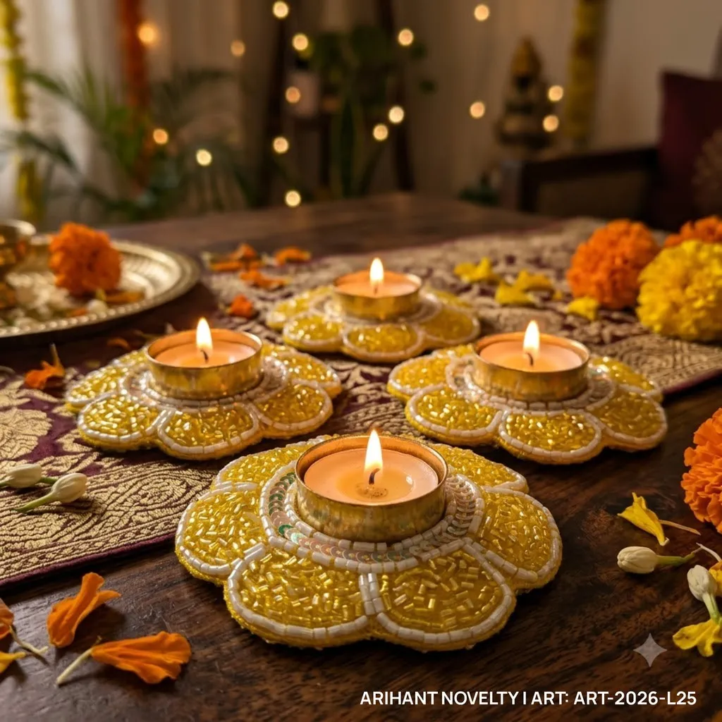 Yellow Beaded Petal Tea-Light Holder, Set of 4 – handmade Tea Light Holder rakhi from Bikaner by Arihant Novelty