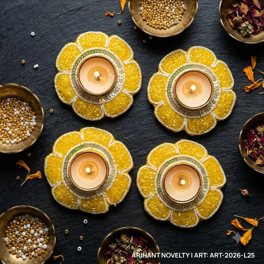 Yellow Beaded Petal Tea-Light Holder, Set of 4 – handmade Tea Light Holder rakhi from Bikaner by Arihant Novelty
