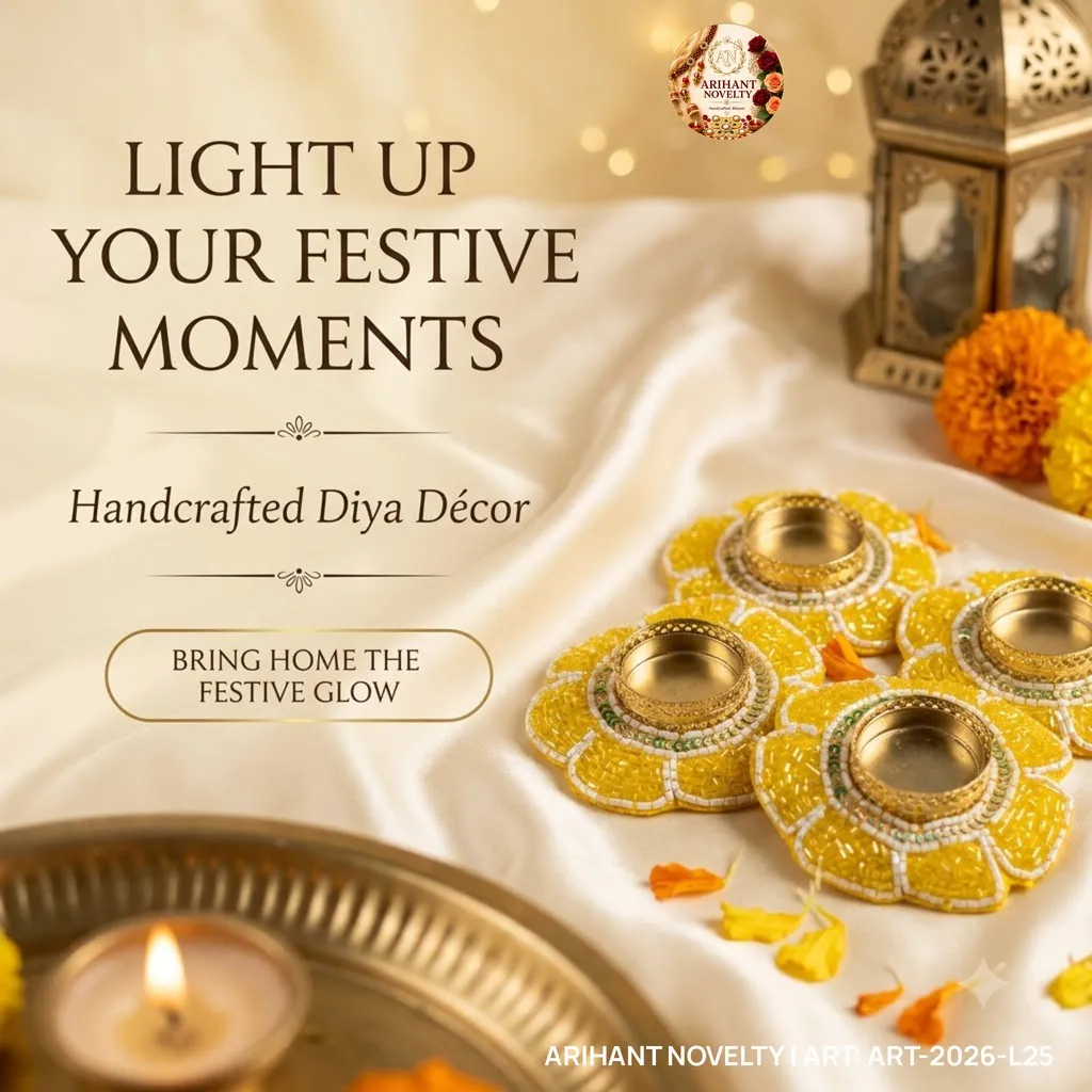 Yellow Beaded Petal Tea-Light Holder, Set of 4 – handmade Tea Light Holder rakhi from Bikaner by Arihant Novelty