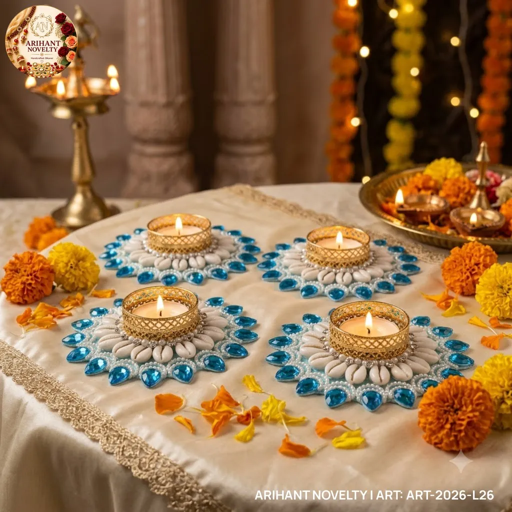 Blue Cowrie Flower Tea-Light Holder, Set of 4 – handmade Tea Light Holder rakhi from Bikaner by Arihant Novelty