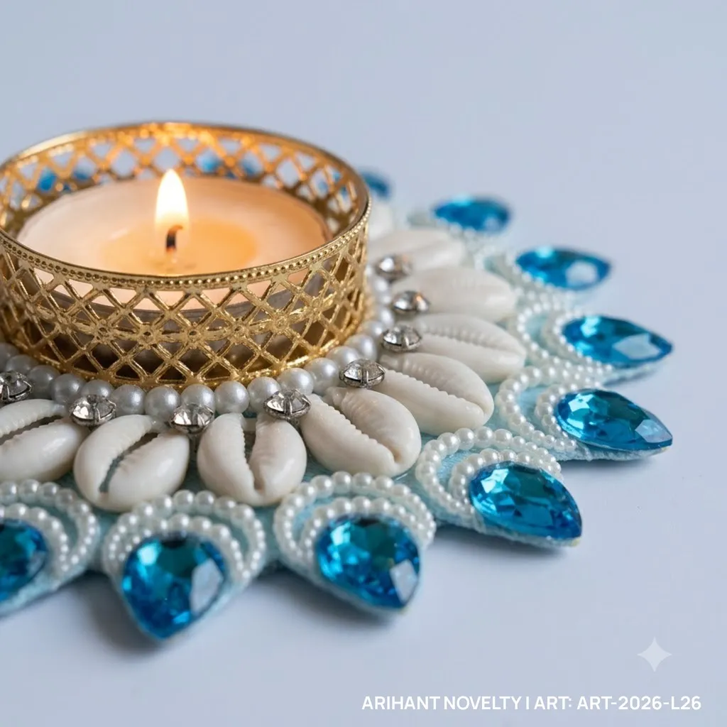Blue Cowrie Flower Tea-Light Holder, Set of 4 – handmade Tea Light Holder rakhi from Bikaner by Arihant Novelty