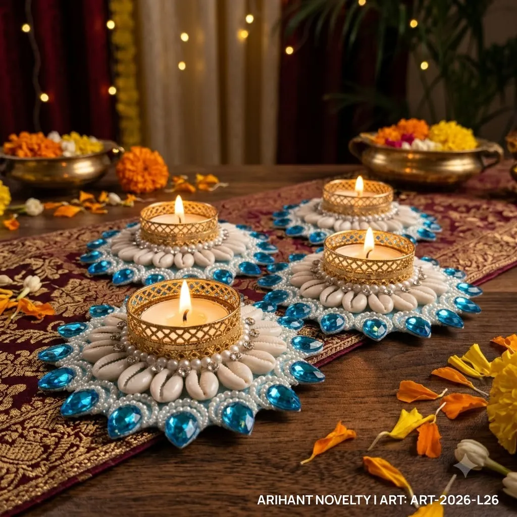 Blue Cowrie Flower Tea-Light Holder, Set of 4 – handmade Tea Light Holder rakhi from Bikaner by Arihant Novelty