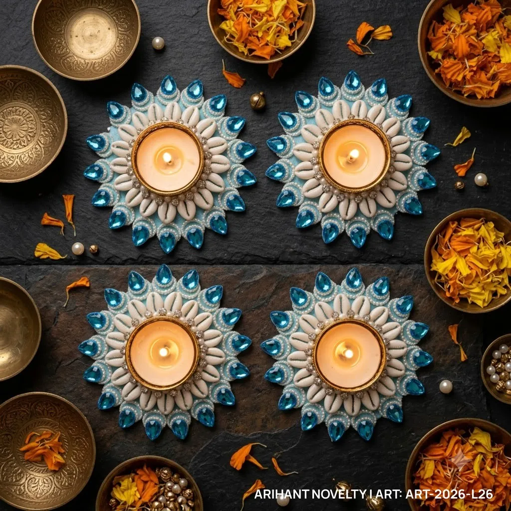 Blue Cowrie Flower Tea-Light Holder, Set of 4 – handmade Tea Light Holder rakhi from Bikaner by Arihant Novelty