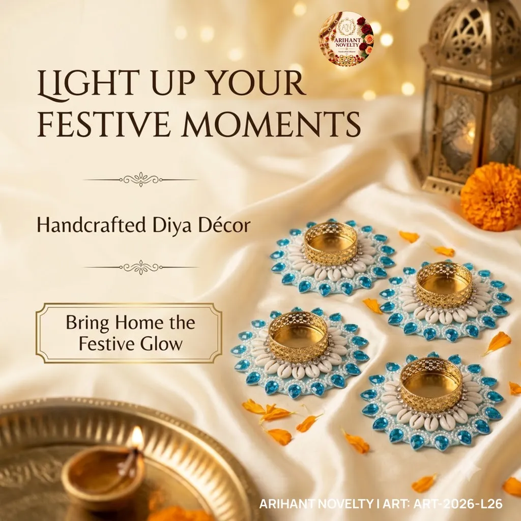 Blue Cowrie Flower Tea-Light Holder, Set of 4 – handmade Tea Light Holder rakhi from Bikaner by Arihant Novelty