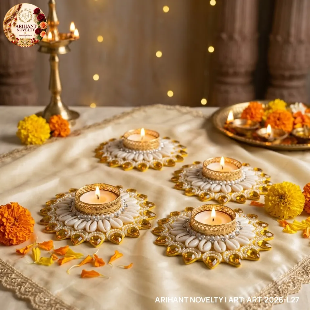 Gold Cowrie Flower Tea-Light Holder, Set of 4 – handmade Tea Light Holder rakhi from Bikaner by Arihant Novelty