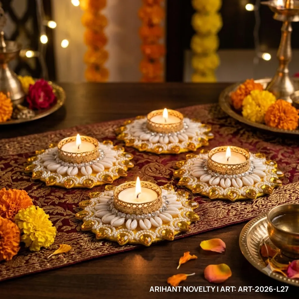 Gold Cowrie Flower Tea-Light Holder, Set of 4 – handmade Tea Light Holder rakhi from Bikaner by Arihant Novelty