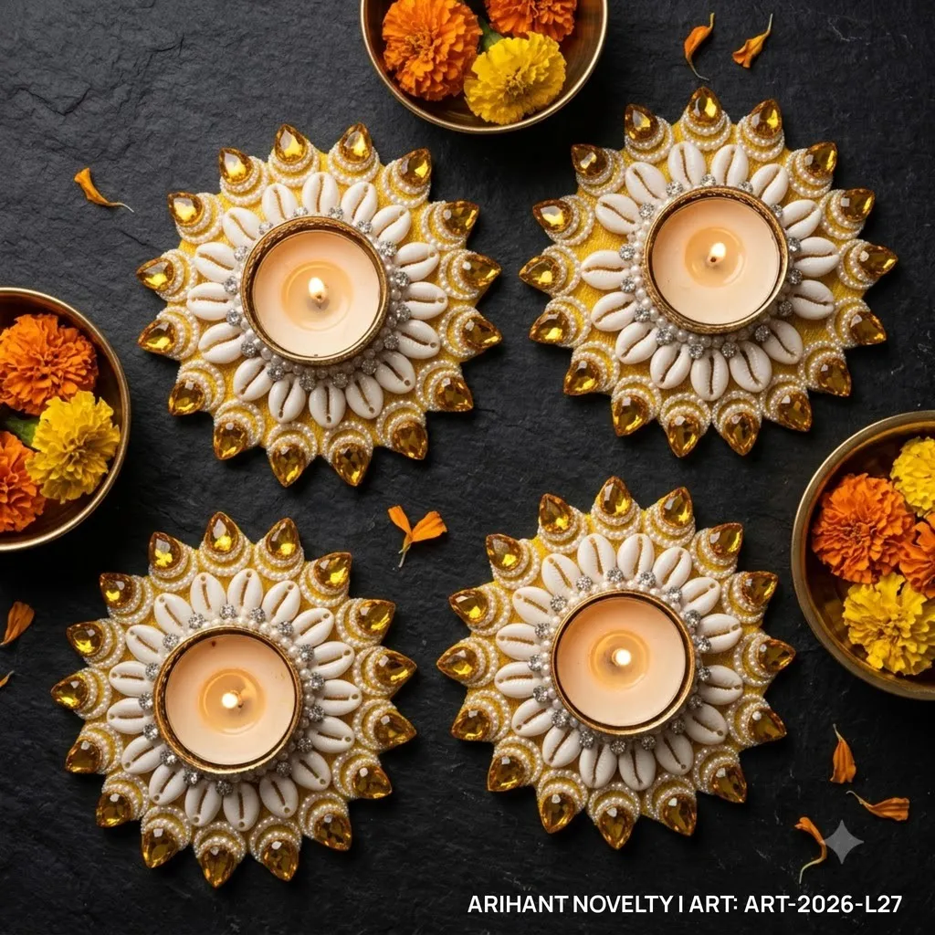 Gold Cowrie Flower Tea-Light Holder, Set of 4 – handmade Tea Light Holder rakhi from Bikaner by Arihant Novelty