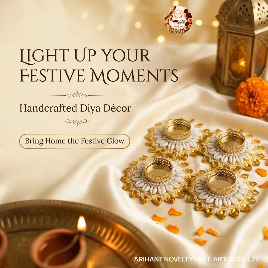 Gold Cowrie Flower Tea-Light Holder, Set of 4 – handmade Tea Light Holder rakhi from Bikaner by Arihant Novelty