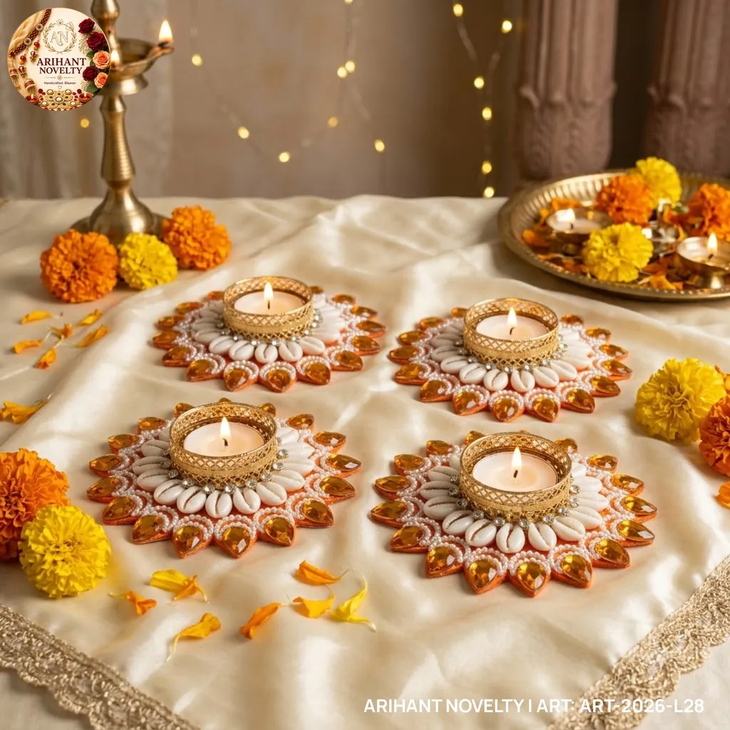 Orange Cowrie Flower Tea-Light Holder, Set of 4 – handmade Tea Light Holder rakhi from Bikaner by Arihant Novelty