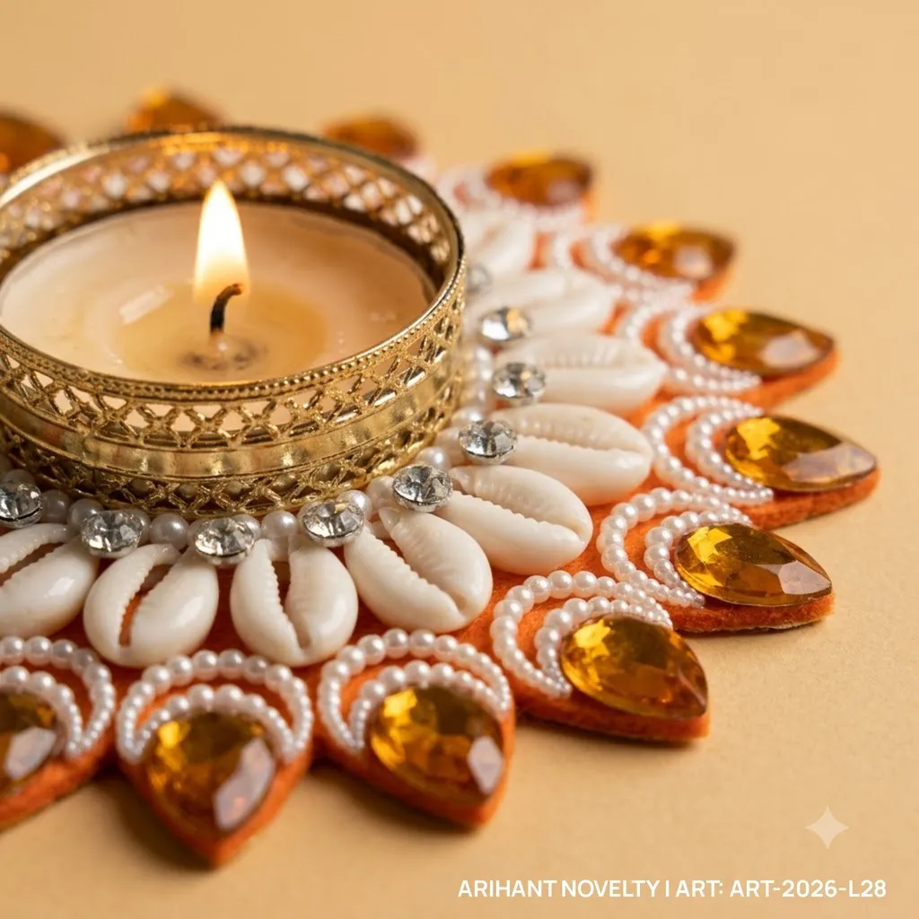 Orange Cowrie Flower Tea-Light Holder, Set of 4 – handmade Tea Light Holder rakhi from Bikaner by Arihant Novelty