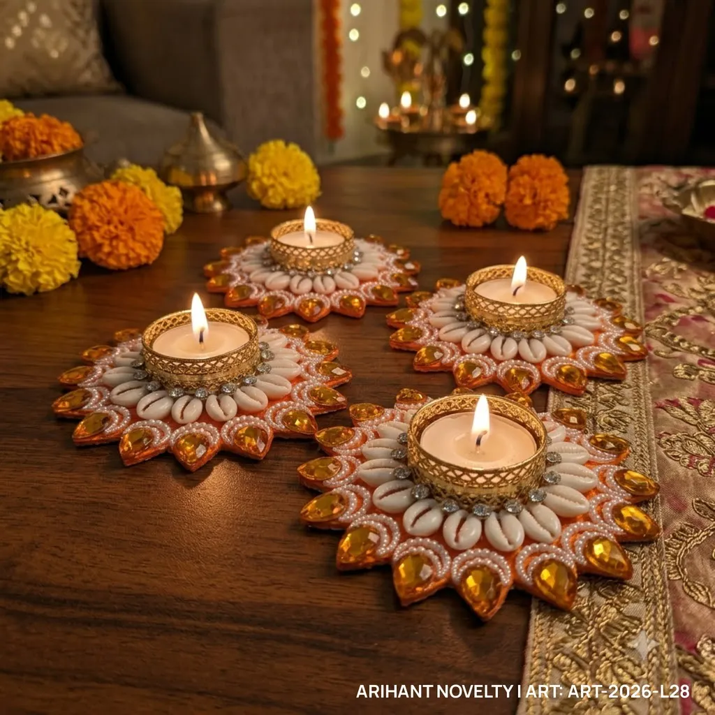 Orange Cowrie Flower Tea-Light Holder, Set of 4 – handmade Tea Light Holder rakhi from Bikaner by Arihant Novelty