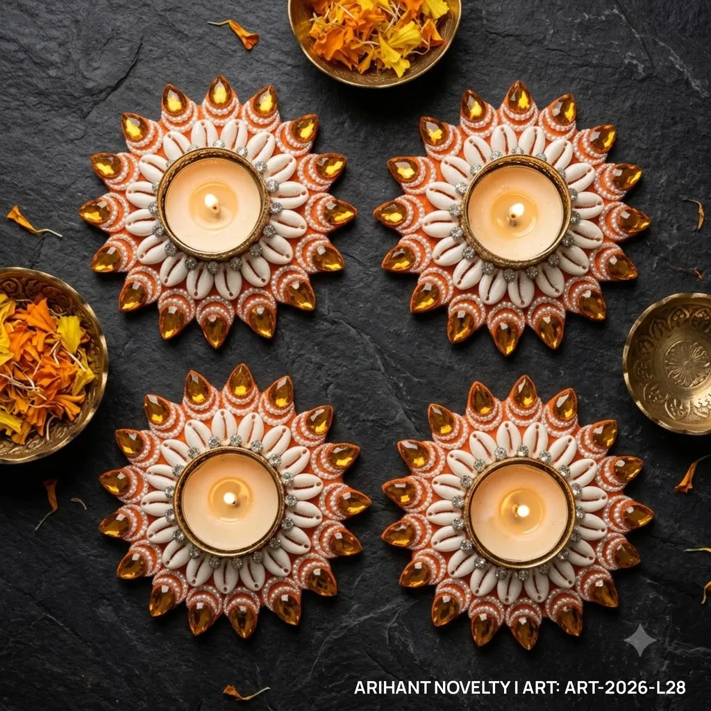 Orange Cowrie Flower Tea-Light Holder, Set of 4 – handmade Tea Light Holder rakhi from Bikaner by Arihant Novelty