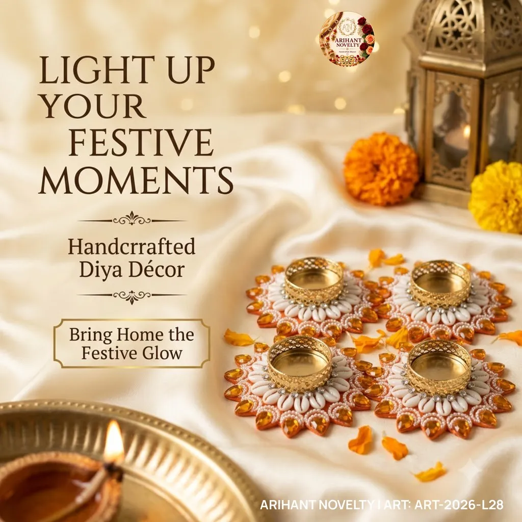 Orange Cowrie Flower Tea-Light Holder, Set of 4 – handmade Tea Light Holder rakhi from Bikaner by Arihant Novelty