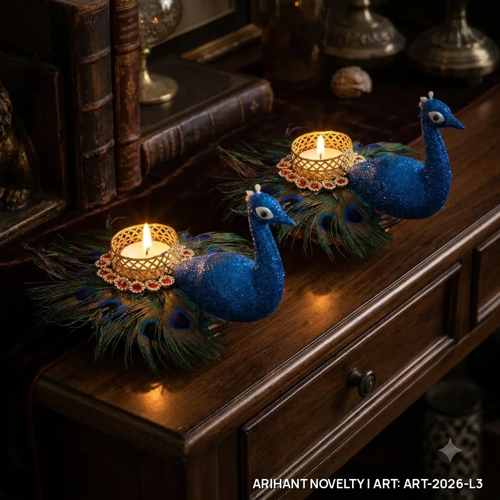 Blue Peacock Tea-Light Holder Pair – handmade Tea Light Holder rakhi from Bikaner by Arihant Novelty