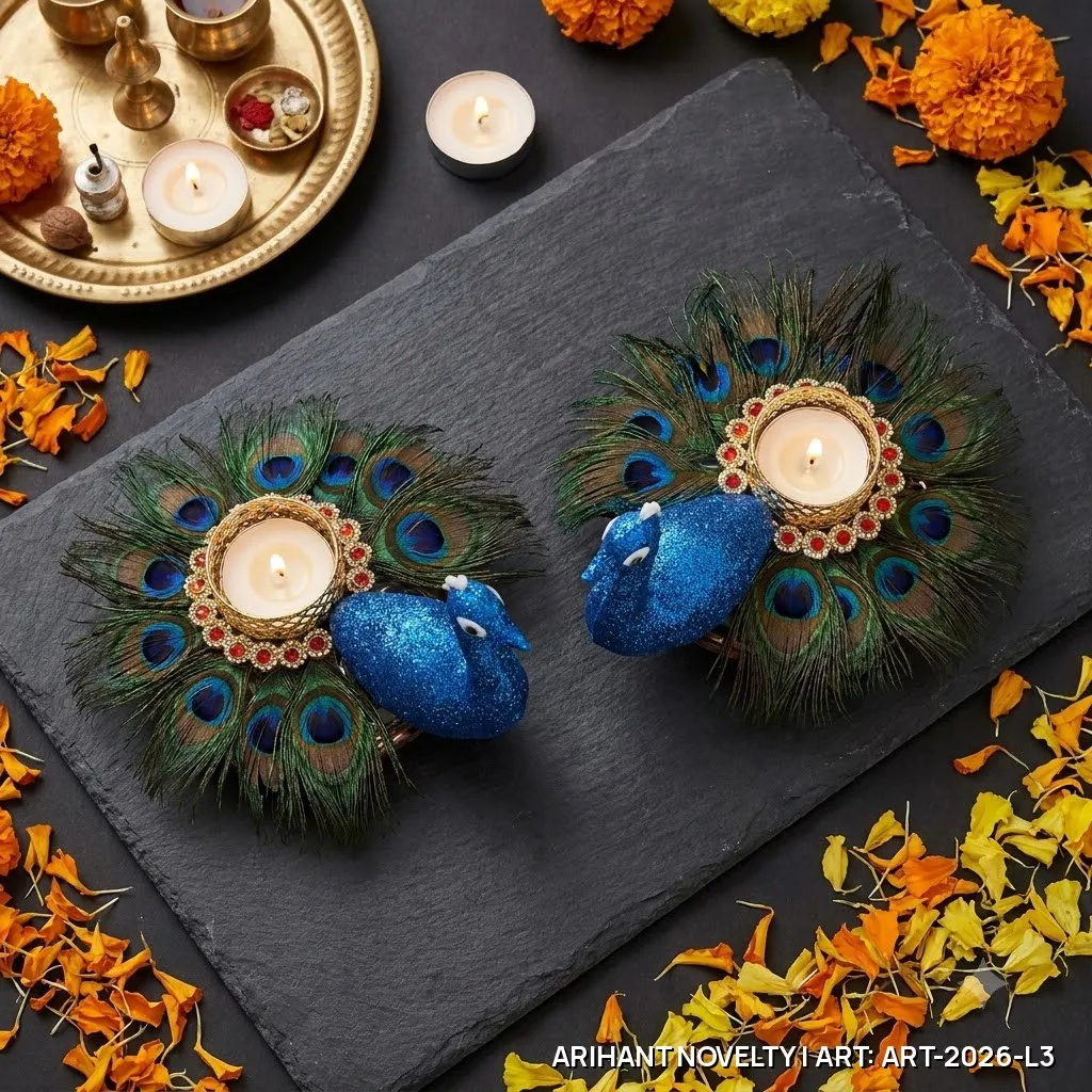 Blue Peacock Tea-Light Holder Pair – handmade Tea Light Holder rakhi from Bikaner by Arihant Novelty