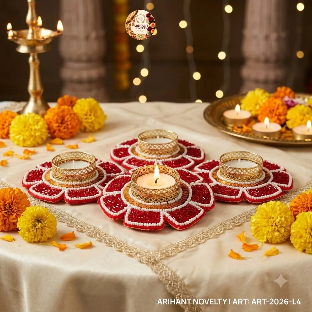 Red Beaded Lotus Tea-Light Holder Set of 4 – handmade Tea Light Holder rakhi from Bikaner by Arihant Novelty