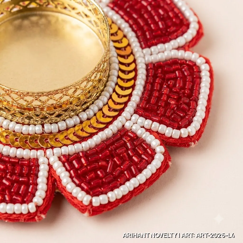 Red Beaded Lotus Tea-Light Holder Set of 4 – handmade Tea Light Holder rakhi from Bikaner by Arihant Novelty