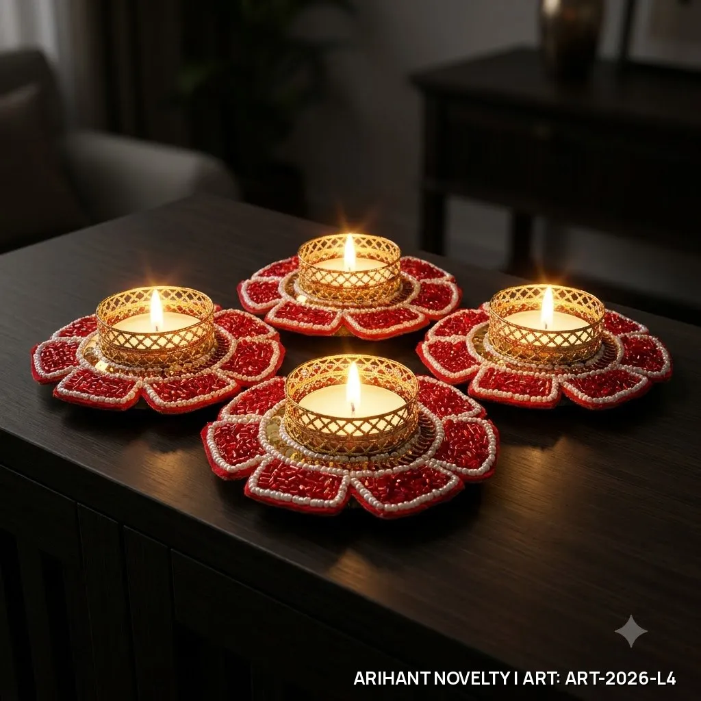 Red Beaded Lotus Tea-Light Holder Set of 4 – handmade Tea Light Holder rakhi from Bikaner by Arihant Novelty