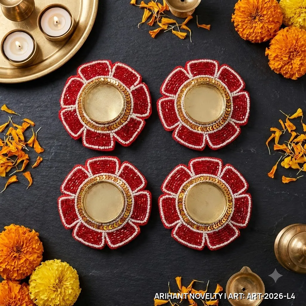 Red Beaded Lotus Tea-Light Holder Set of 4 – handmade Tea Light Holder rakhi from Bikaner by Arihant Novelty