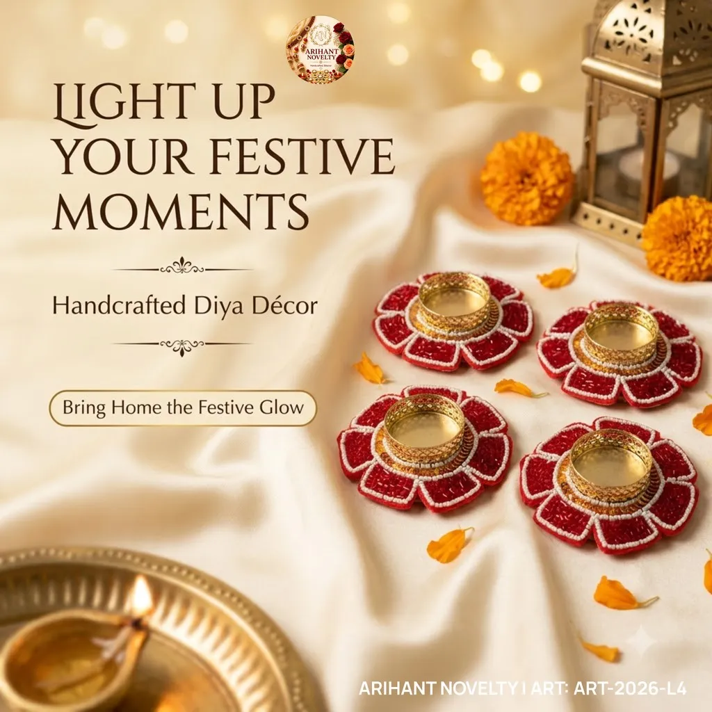 Red Beaded Lotus Tea-Light Holder Set of 4 – handmade Tea Light Holder rakhi from Bikaner by Arihant Novelty