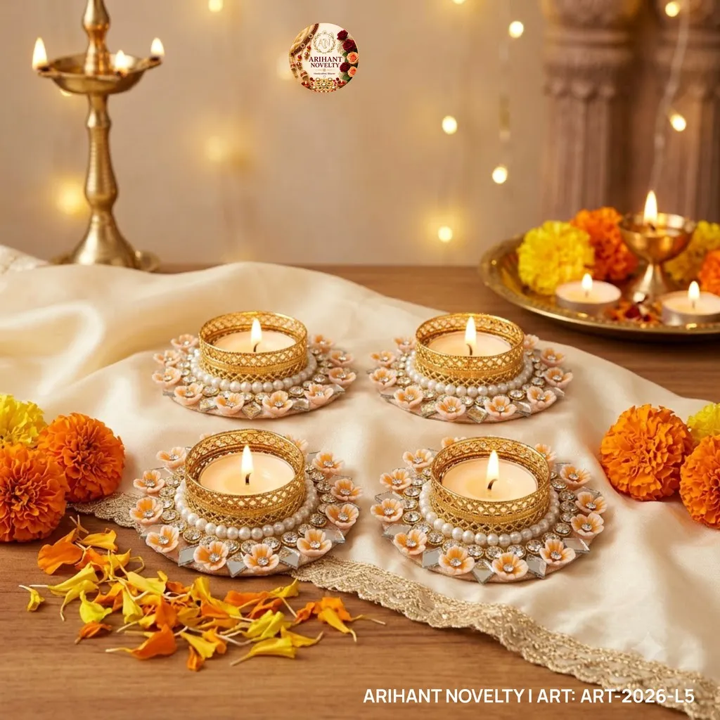 Orange Flower Pearl Tea-Light Holder Set of 4 – handmade Tea Light Holder rakhi from Bikaner by Arihant Novelty