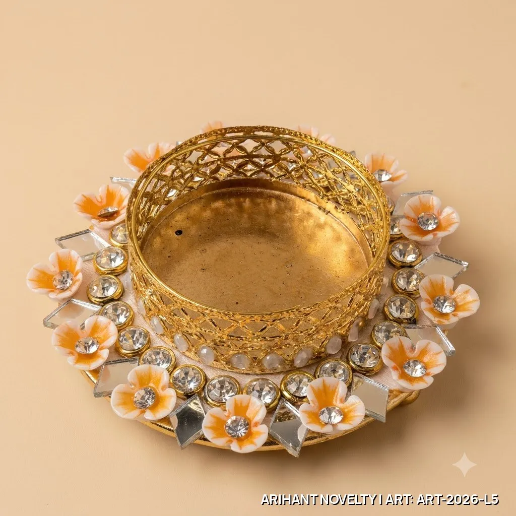 Orange Flower Pearl Tea-Light Holder Set of 4 – handmade Tea Light Holder rakhi from Bikaner by Arihant Novelty