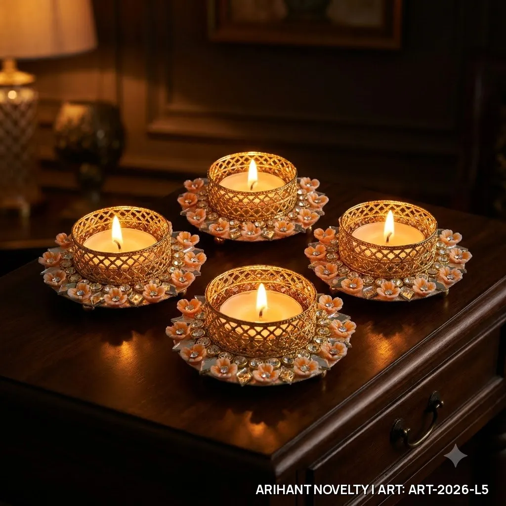 Orange Flower Pearl Tea-Light Holder Set of 4 – handmade Tea Light Holder rakhi from Bikaner by Arihant Novelty