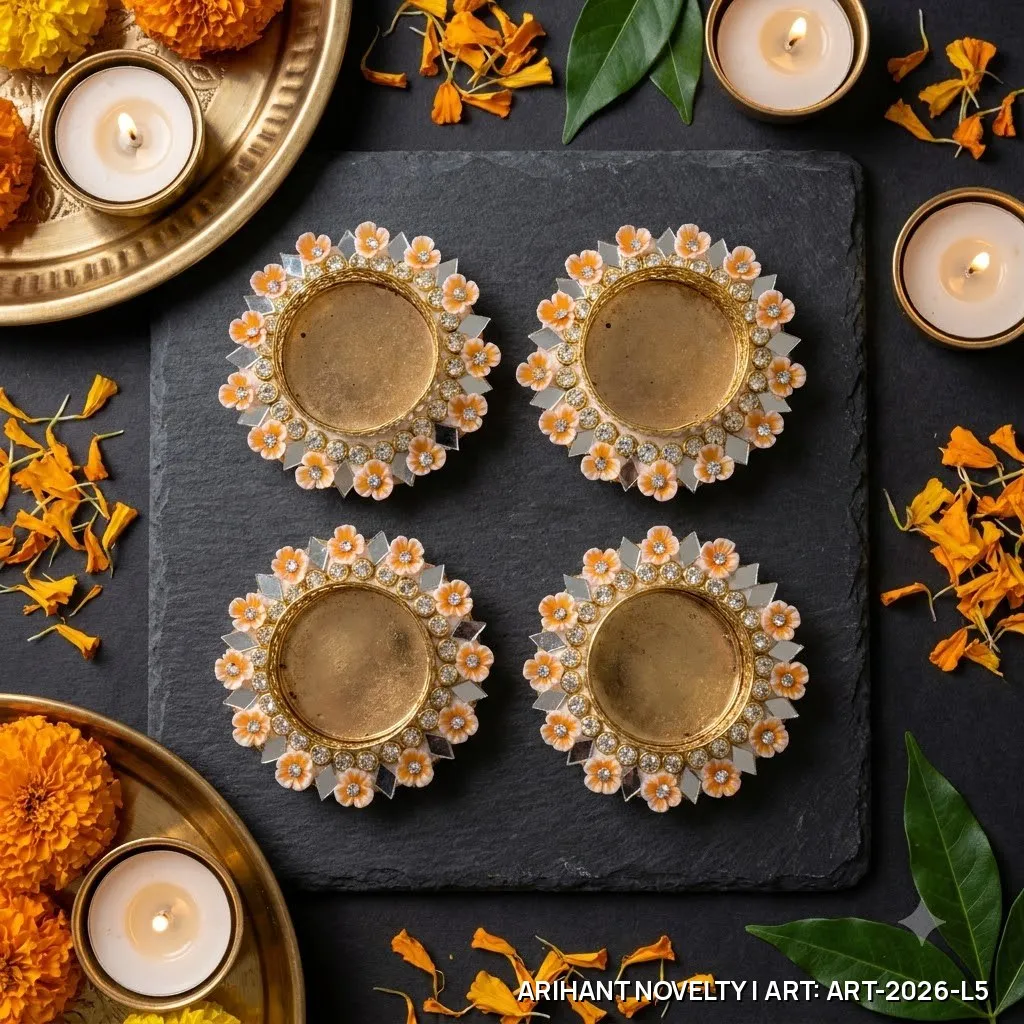 Orange Flower Pearl Tea-Light Holder Set of 4 – handmade Tea Light Holder rakhi from Bikaner by Arihant Novelty