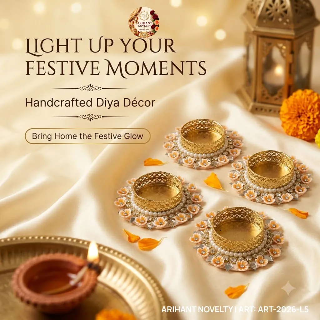 Orange Flower Pearl Tea-Light Holder Set of 4 – handmade Tea Light Holder rakhi from Bikaner by Arihant Novelty