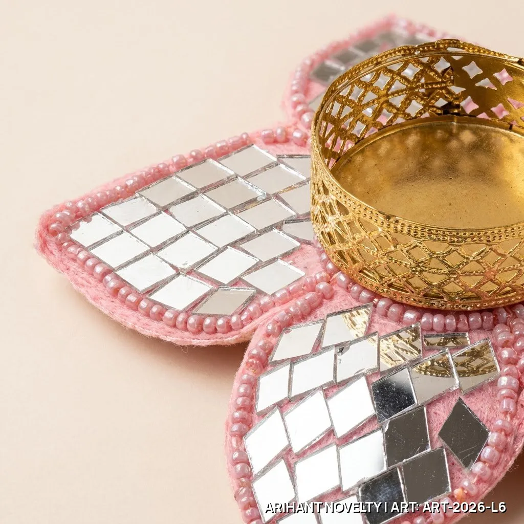Pink Mirror-Work Tea-Light Holder Set of 4 – handmade Tea Light Holder rakhi from Bikaner by Arihant Novelty