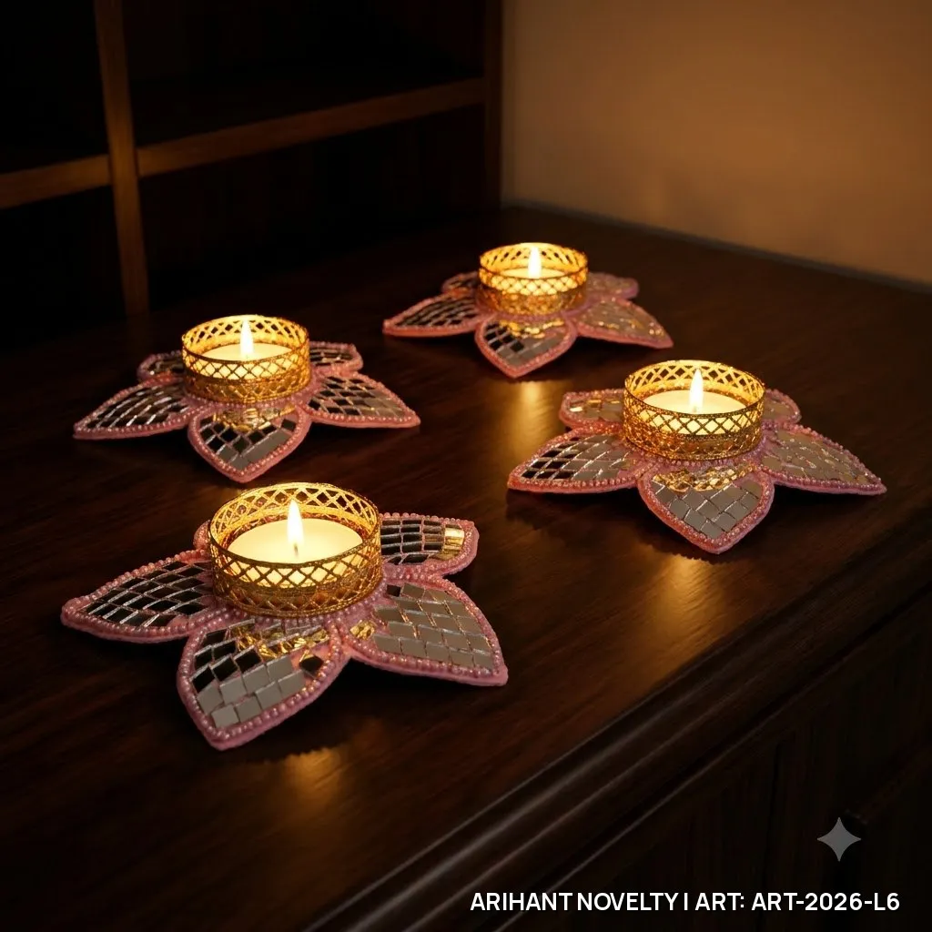 Pink Mirror-Work Tea-Light Holder Set of 4 – handmade Tea Light Holder rakhi from Bikaner by Arihant Novelty
