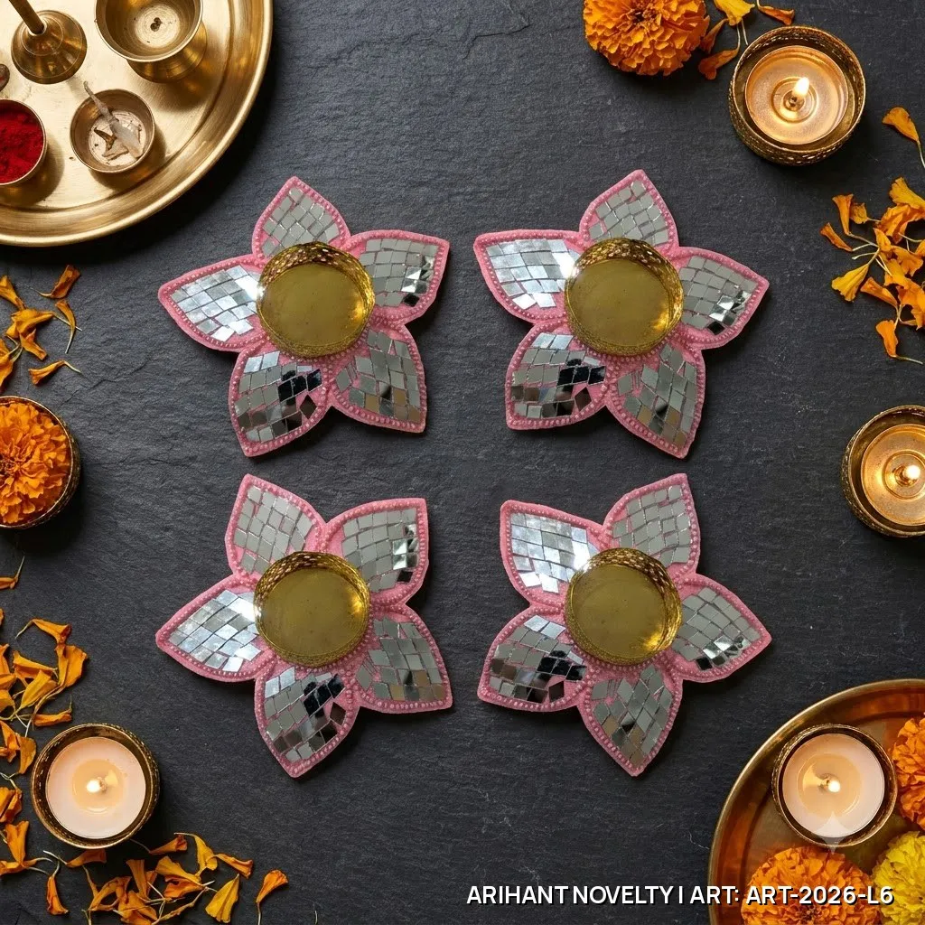 Pink Mirror-Work Tea-Light Holder Set of 4 – handmade Tea Light Holder rakhi from Bikaner by Arihant Novelty