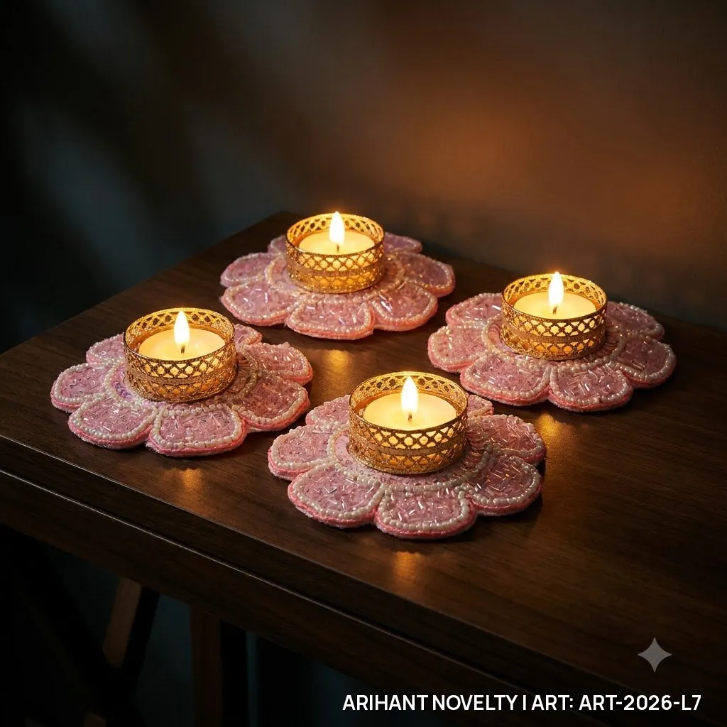 Pink Sequin Pearl Tea-Light Holder Set of 4 – handmade Tea Light Holder rakhi from Bikaner by Arihant Novelty