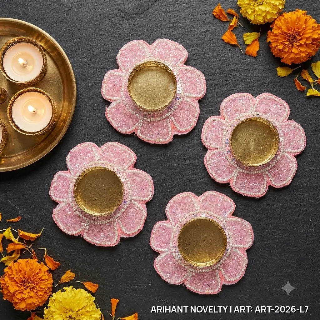 Pink Sequin Pearl Tea-Light Holder Set of 4 – handmade Tea Light Holder rakhi from Bikaner by Arihant Novelty