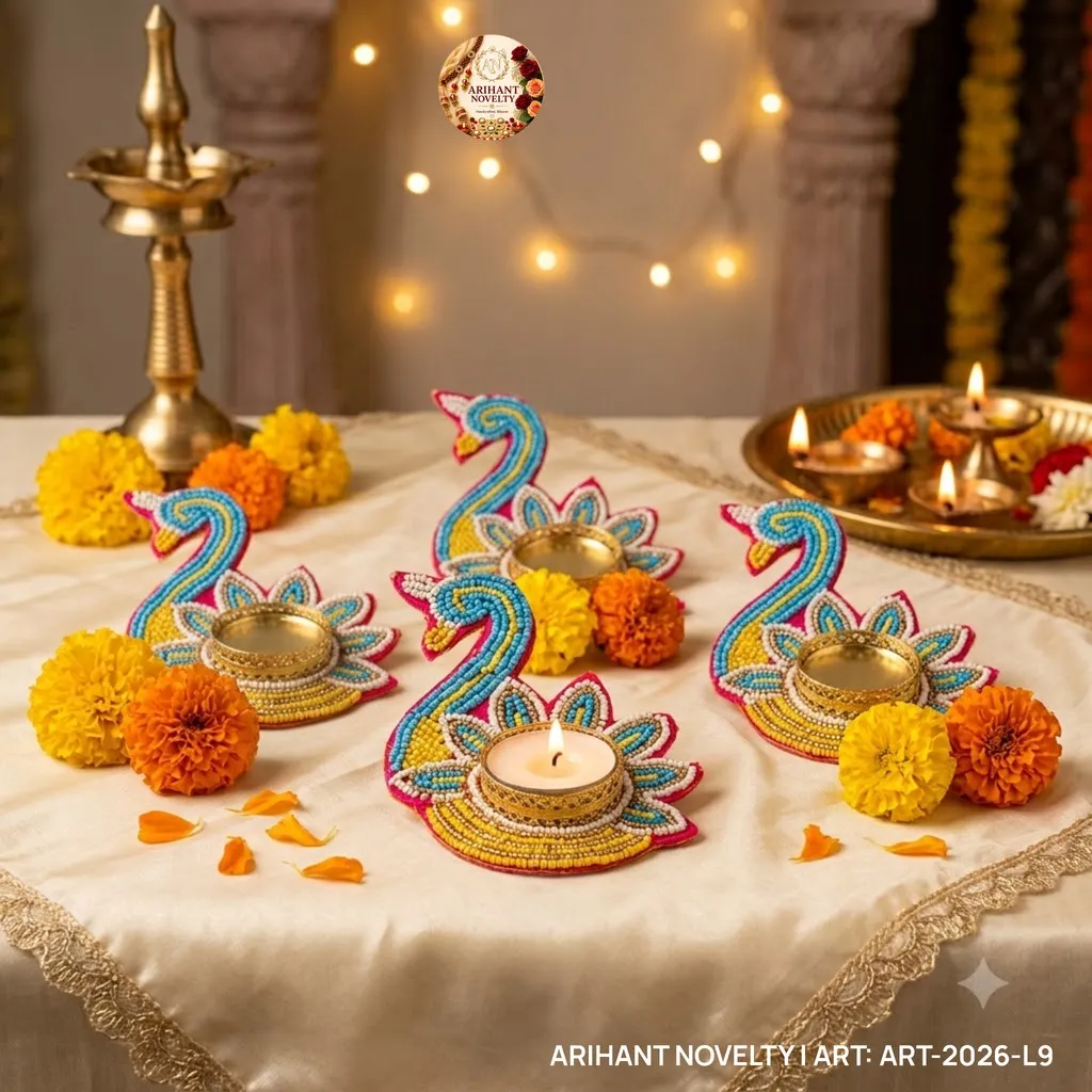 Beaded Peacock Tea-Light Holder Set of 4 – handmade Tea Light Holder rakhi from Bikaner by Arihant Novelty