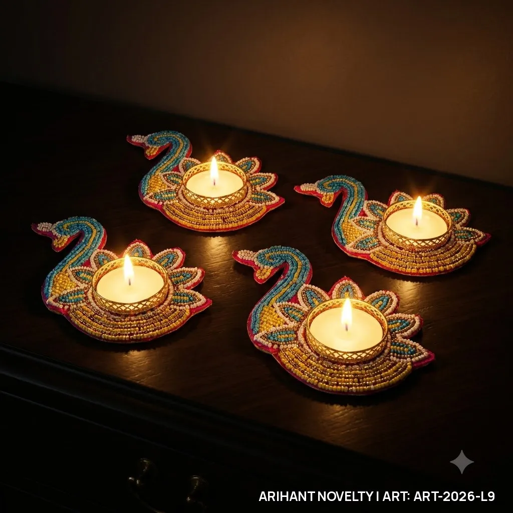 Beaded Peacock Tea-Light Holder Set of 4 – handmade Tea Light Holder rakhi from Bikaner by Arihant Novelty