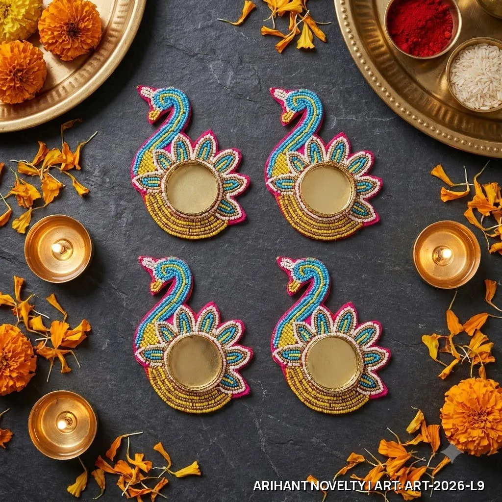 Beaded Peacock Tea-Light Holder Set of 4 – handmade Tea Light Holder rakhi from Bikaner by Arihant Novelty